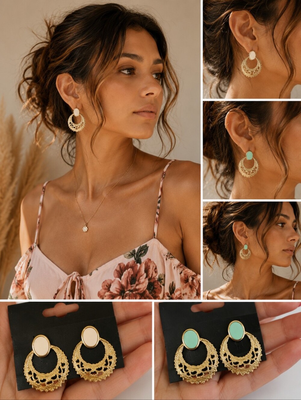 2 Pairs Of Gold Filigree Dangle Teal And Pink Accent Round Boho Classic Earrings